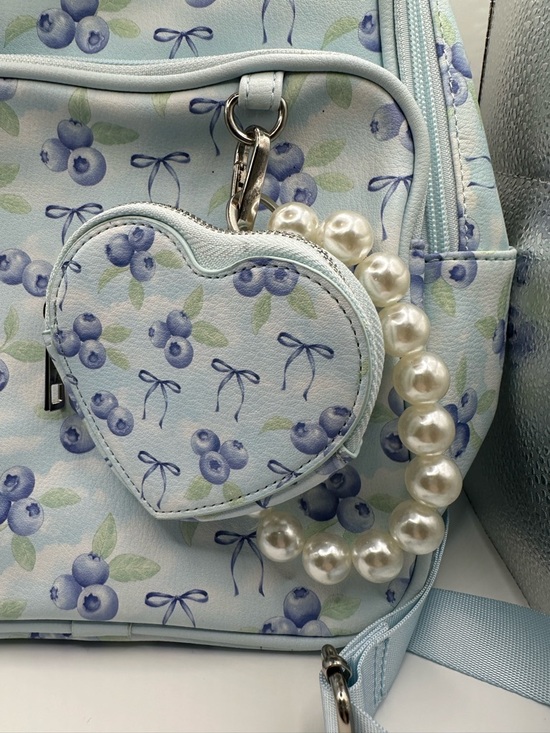 Madden Girl Light Blue Floral Backpack with Pearl Heart Coin Purse